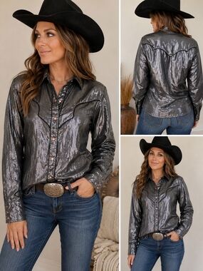 Walls Cowgirl Ranch Wear Metallic Western Shirt - Shimmery Gunmetal Size L
